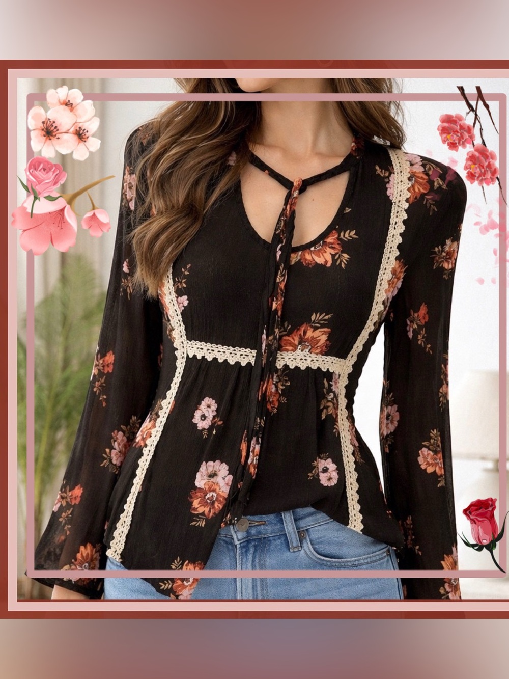 Eyeshadow L Romantic Y2K Lace Details Sheer Sexy Necktie Roses Cottagecore L/S